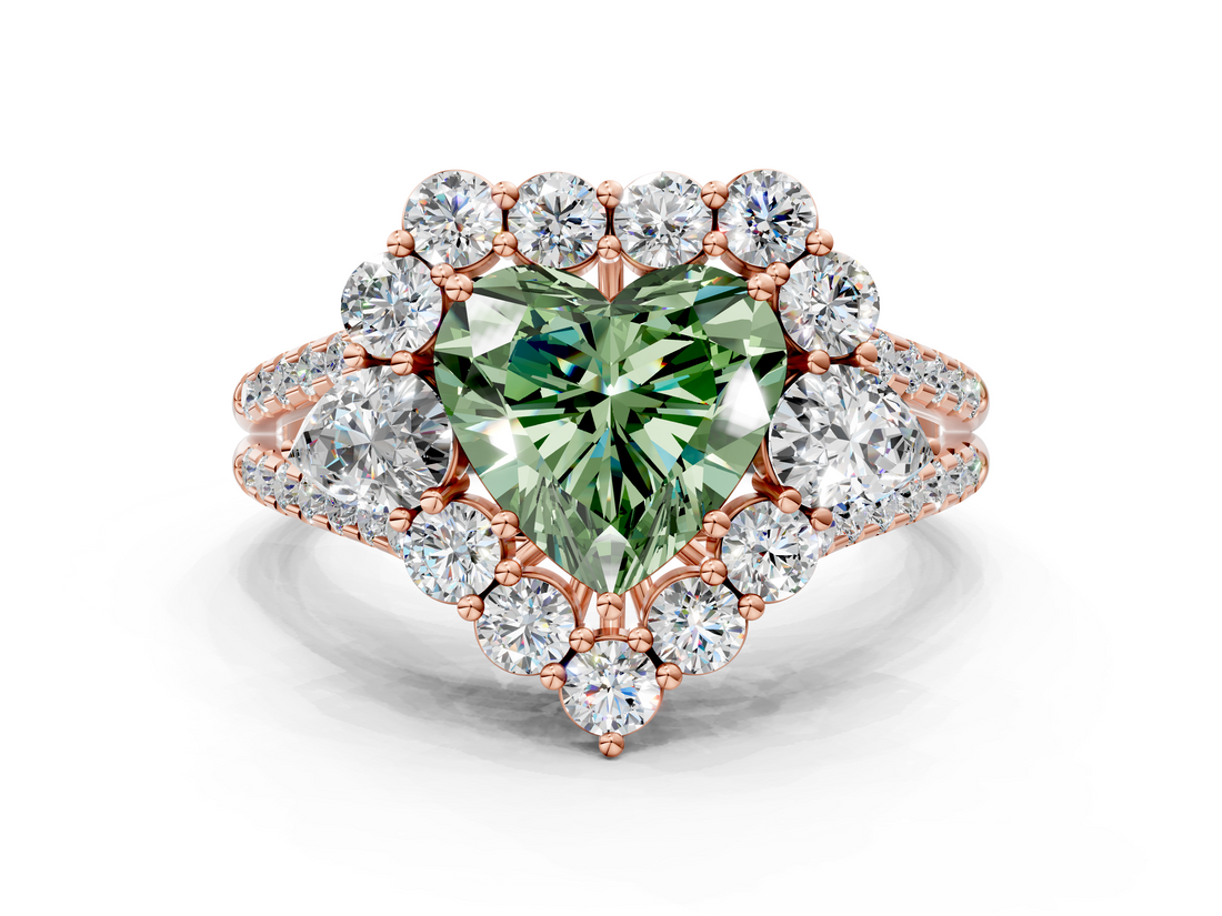 Rose gold Fancy Green Heart  Halo Split Shank Diamond Engagement Ring with Prong Setting