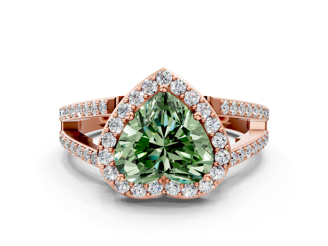 Rose gold Fancy Green Heart  Halo Split Shank Diamond Ring with Four-Prong Setting
