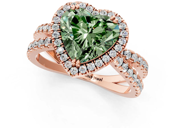 Rose gold Fancy Green Heart  Halo Split Shank Diamond Ring with Pavé Setting