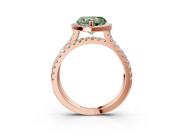 Rose gold Fancy Green Heart  Halo Split Shank Diamond Ring with Pavé Setting