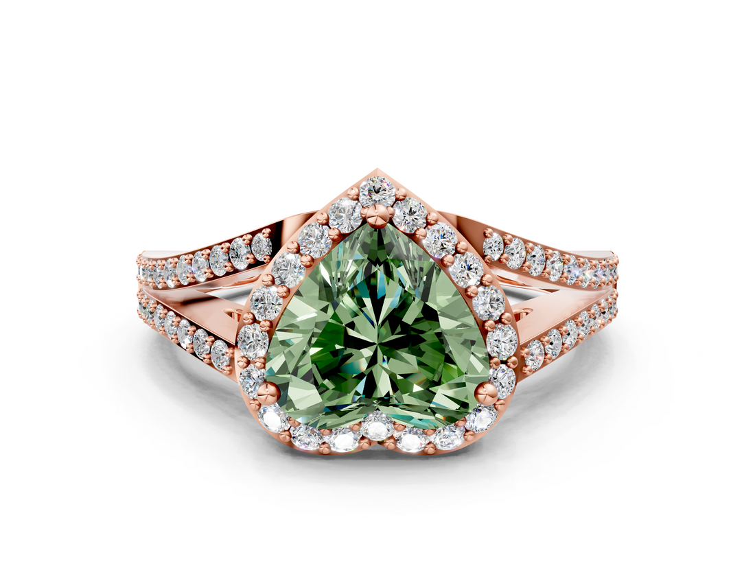 Rose gold Fancy Green Heart  Halo Split Shank Diamond Ring with Prong Setting