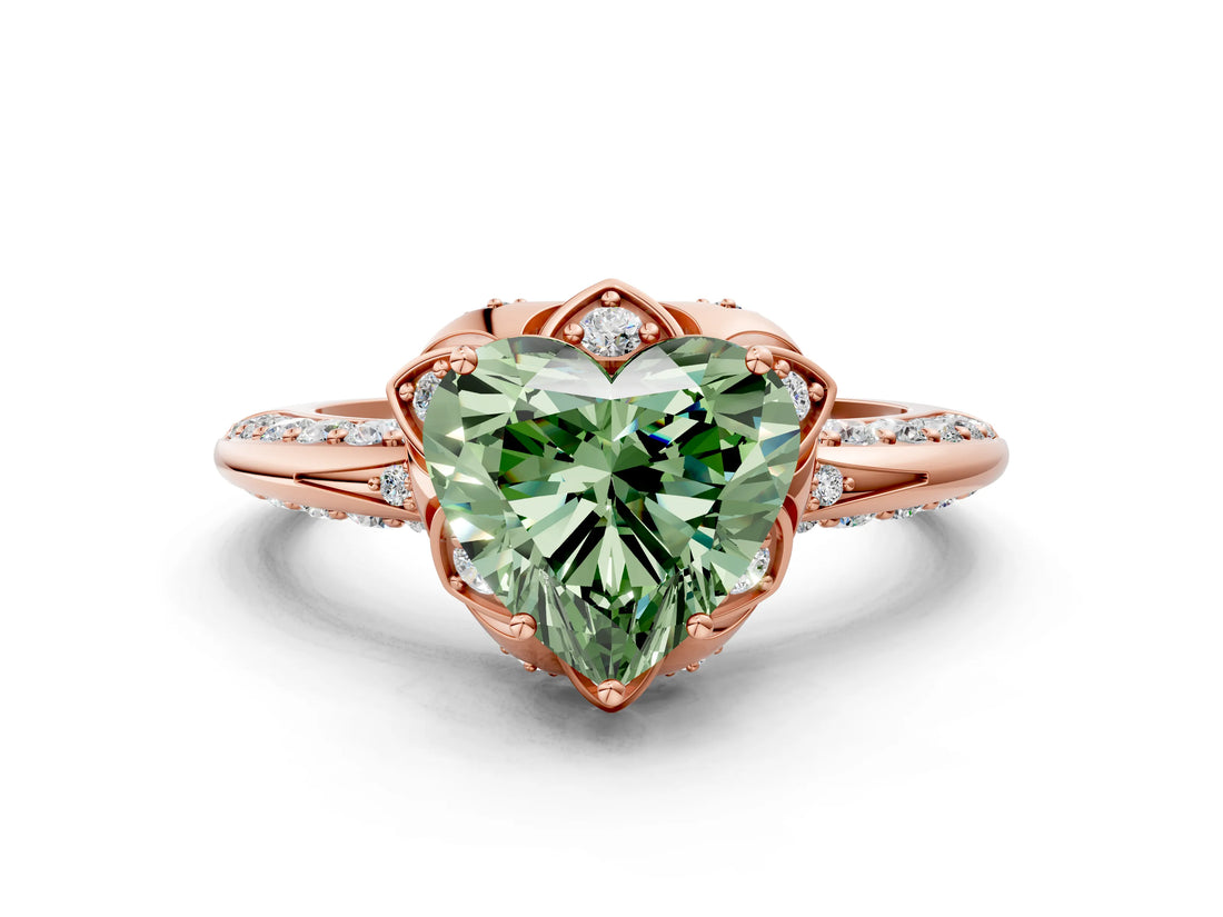 Rose gold Fancy Green Heart  Halo Split Shank Pave Diamond Ring with Petal Prong Setting_19
