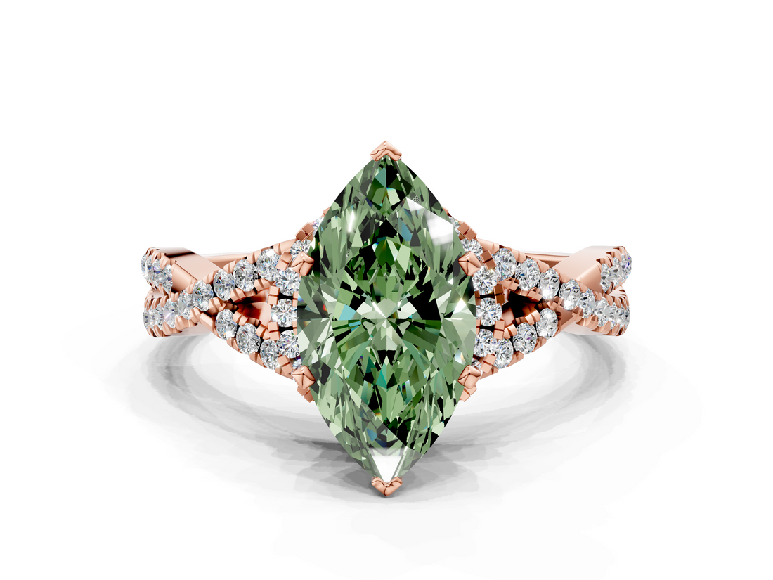 Rose gold Fancy Green Heart  Halo Twist Band Solitaire Prong Setting Ring