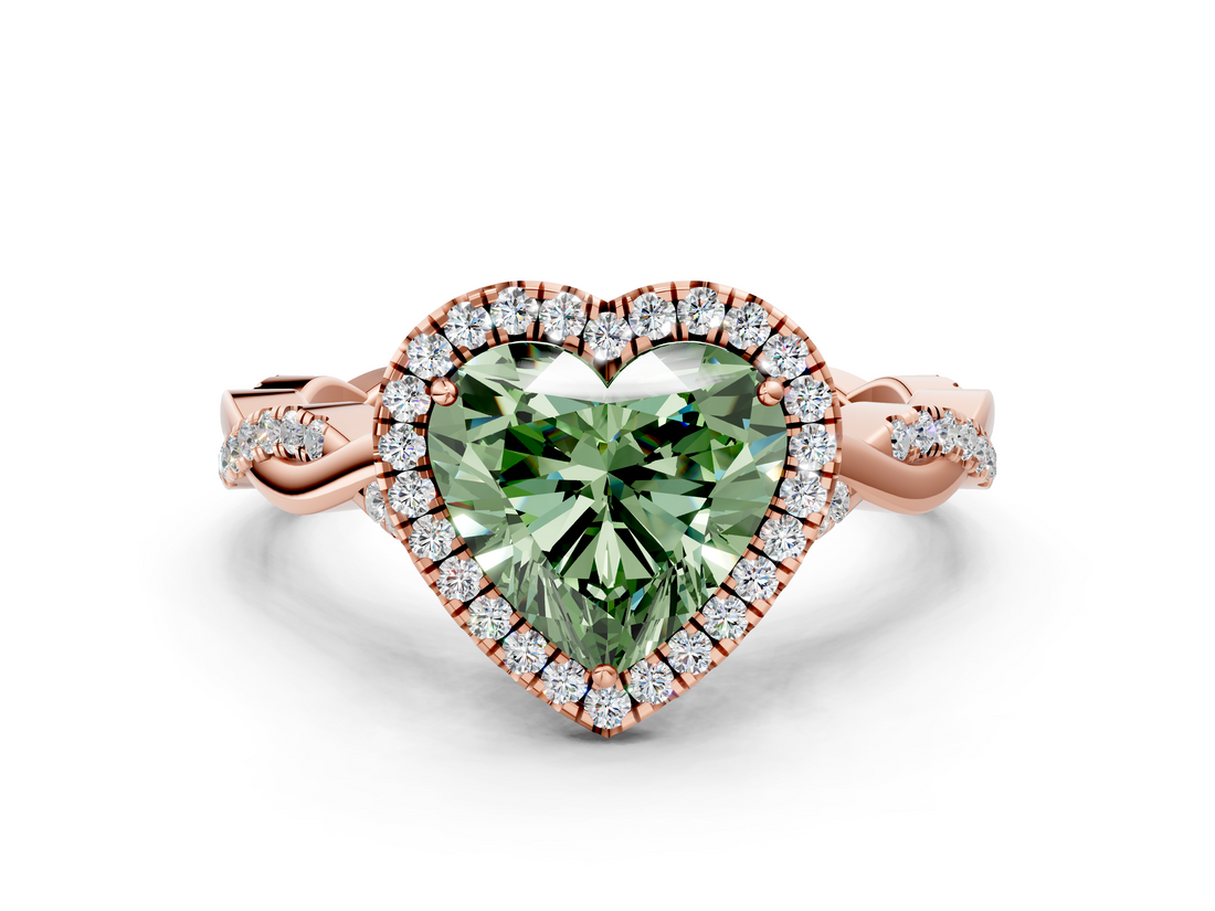 Rose gold Fancy Green Heart  Halo Twist Band Solitaire Ring