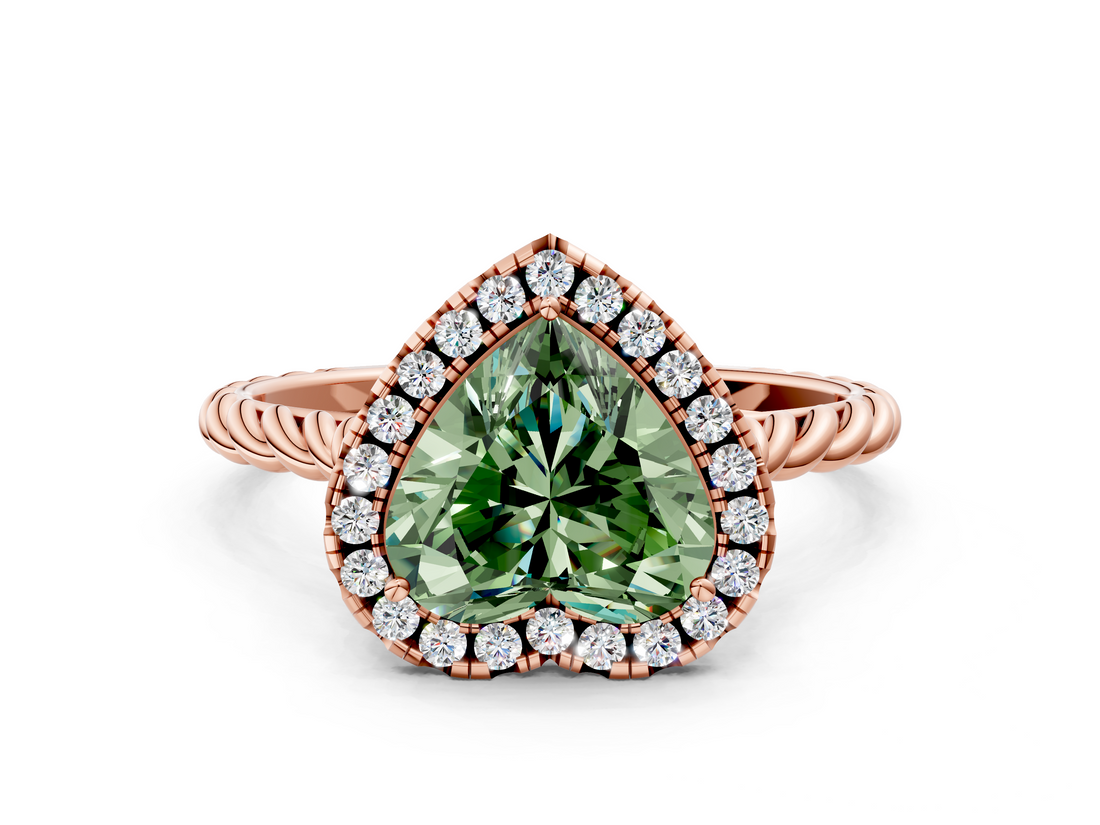 Rose gold Fancy Green Heart  Halo Twisted Band Four-Prong Diamond Ring