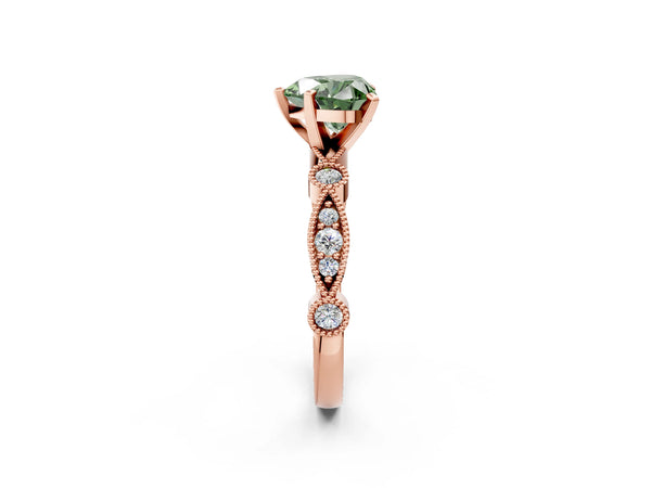 Rose gold Fancy Green Heart  Milgrain Bezel Diamond Engagement Ring with Solitaire Prong Setting