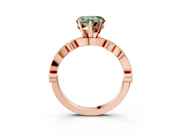 Rose gold Fancy Green Heart  Milgrain Bezel Diamond Engagement Ring with Solitaire Prong Setting