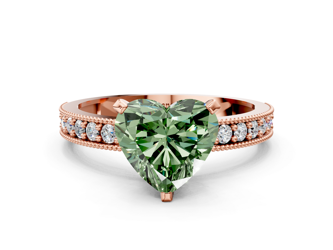 Rose gold Fancy Green Heart  Milgrain Pave Diamond Engagement Ring with Four-Prong Setting