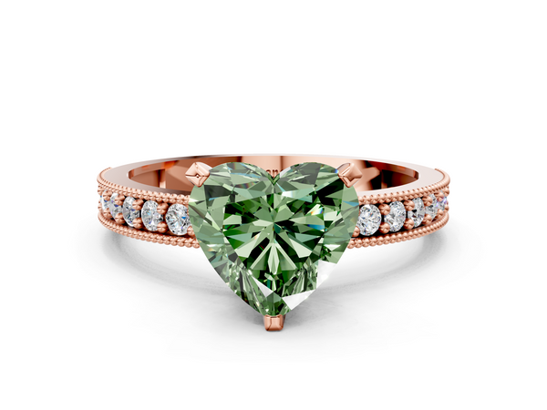 Rose gold Fancy Green Heart Cut Diamond Milgrain Pavé Engagement Ring with Four-Prong Setting