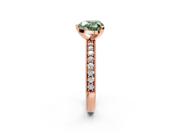 Rose gold Fancy Green Heart Cut Diamond Milgrain Pavé Engagement Ring with Four-Prong Setting