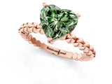 Rose gold Fancy Green Heart  Solitaire Beaded Band Prong Setting Ring 1
