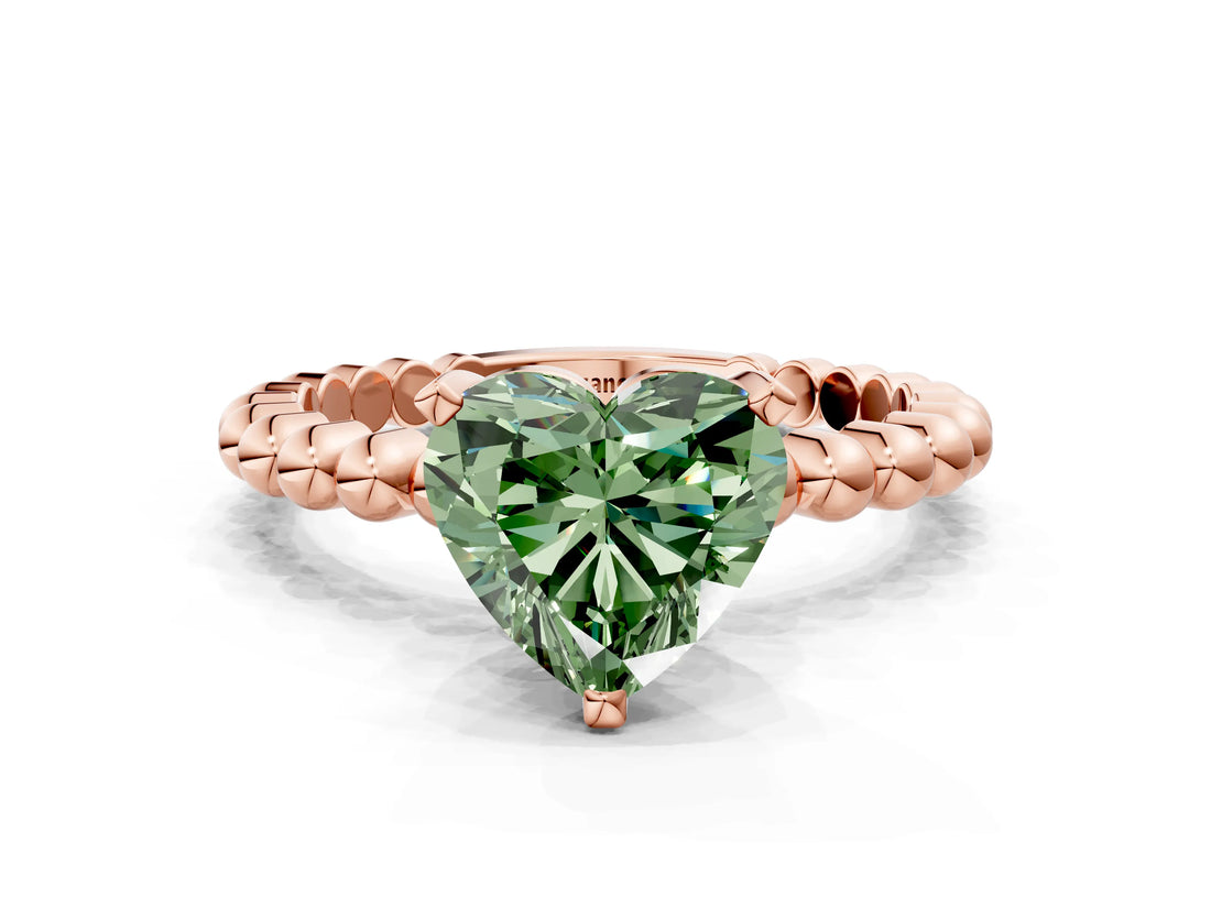 Rose gold Fancy Green Heart  Solitaire Beaded Band Prong Setting Ring