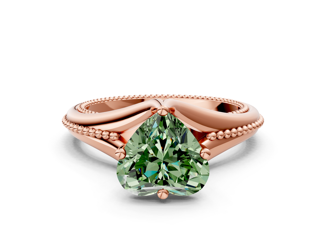 Rose gold Fancy Green Heart  Solitaire Beaded Band Six-Prong Setting