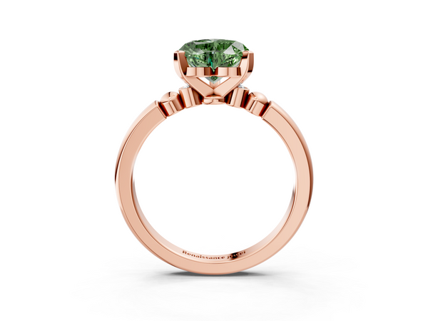 Rose gold Fancy Green Heart  Solitaire Beaded Band with Four-Prong Setting