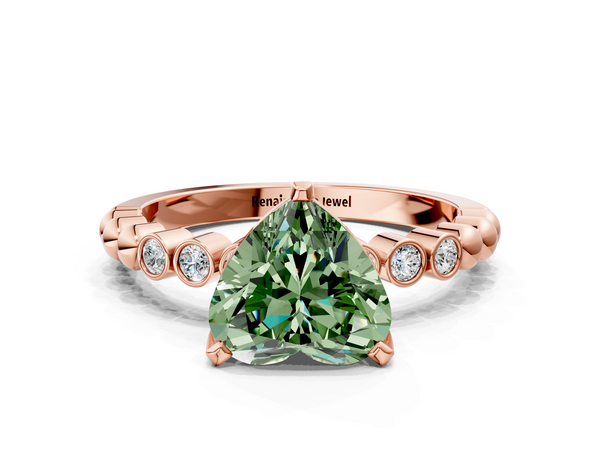 Rose gold Fancy Green Heart  Solitaire Bezel Accent Diamond Engagement Ring with Beaded Band and Four-Prong Setting