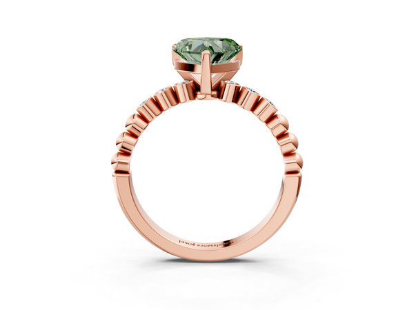 Rose gold Fancy Green Heart  Solitaire Bezel Accent Diamond Engagement Ring with Beaded Band and Four-Prong Setting