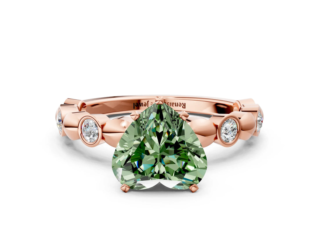 Rose gold Fancy Green Heart  Solitaire Bezel-Set Diamond Ring with Beaded Band and Four-Prong Setting_29