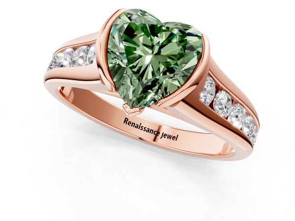 Rose gold Fancy Green Heart  Solitaire Bezel-Set Diamond Ring with Channel-Set Band