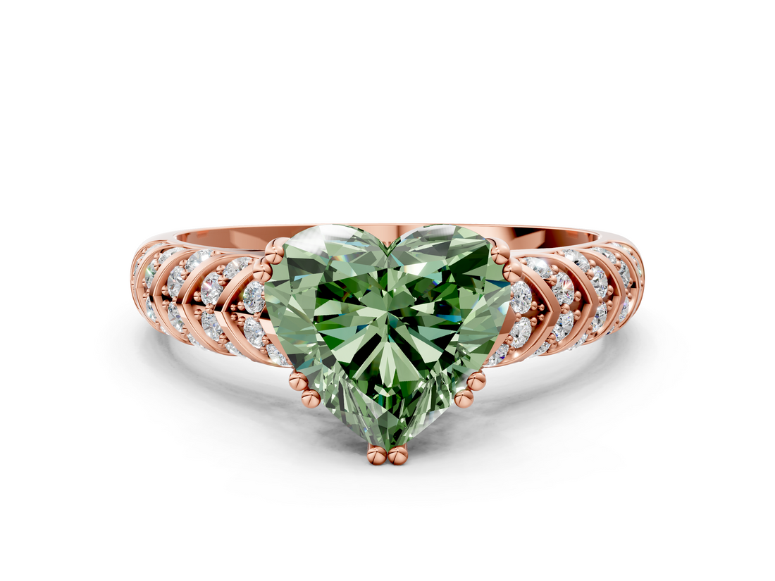 Rose gold Fancy Green Heart  Solitaire Chevron Pave Diamond Engagement Ring with Six-Prong Setting