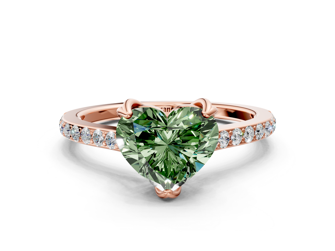Rose gold Fancy Green Heart  Solitaire Diamond Engagement Ring with Pave Band and Six-Prong Setting