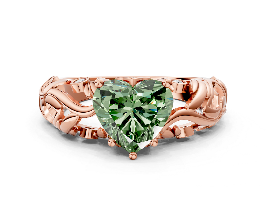 Rose gold Fancy Green Heart  Solitaire Diamond Leaf Vine Band with Prong Setting