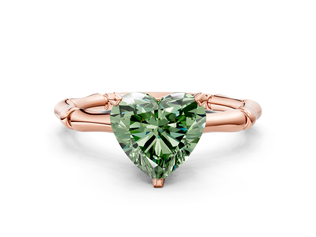 Rose gold Fancy Green Heart  Solitaire Diamond Ring with Bamboo Band and Four-Prong Setting