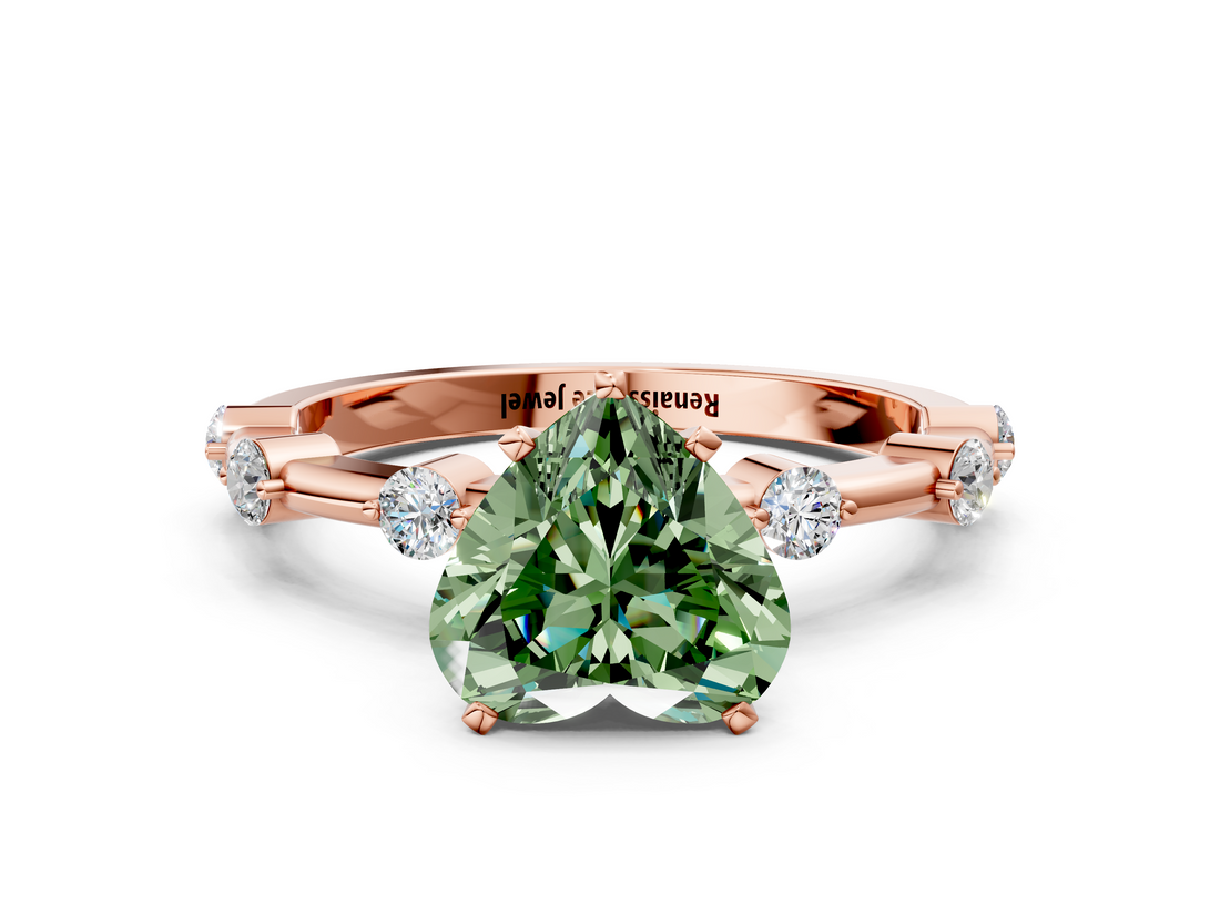 Rose gold Fancy Green Heart  Solitaire Diamond Ring with Bezel Set Side Stones and Prong Setting