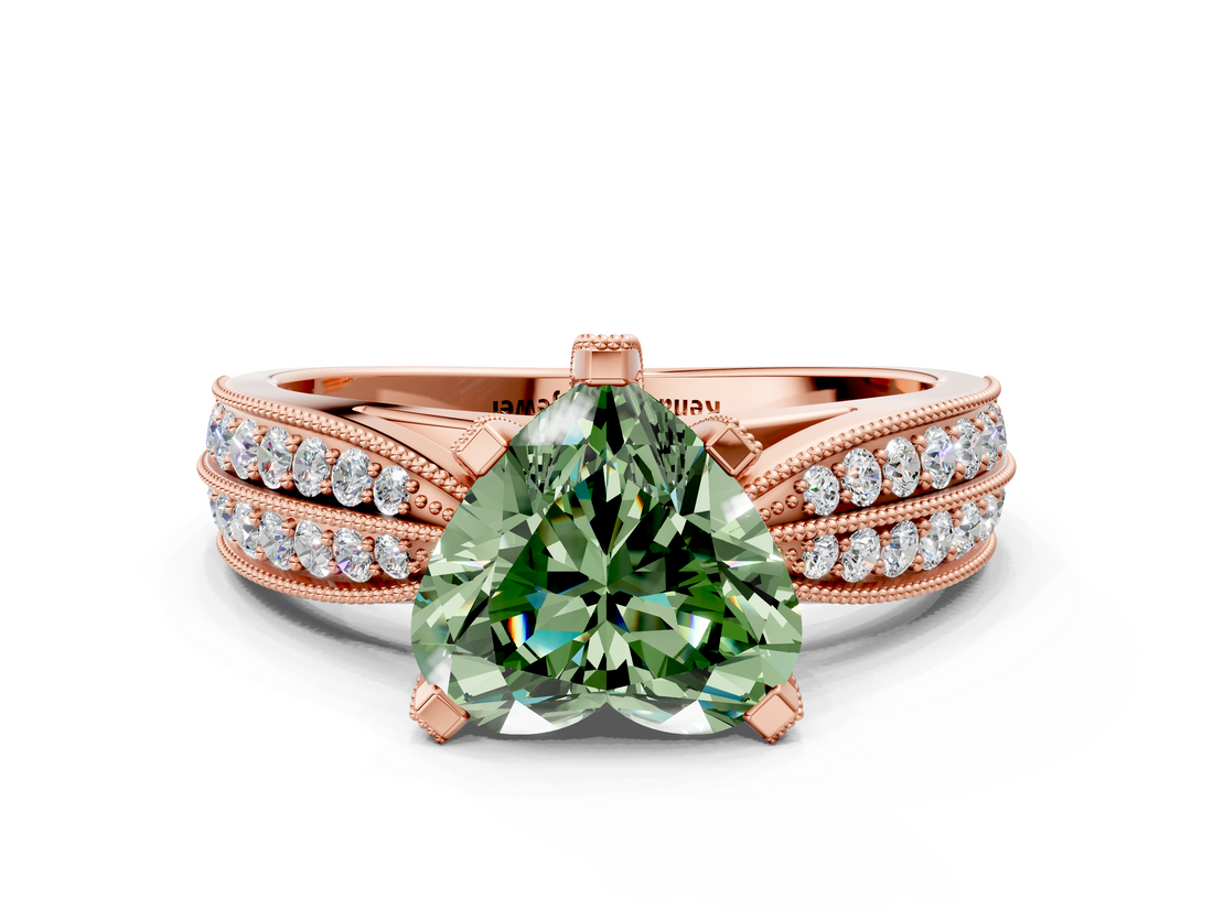 Rose gold Fancy Green Heart  Solitaire Diamond Ring with Milgrain Pavé Band and Four-Prong Setting_20