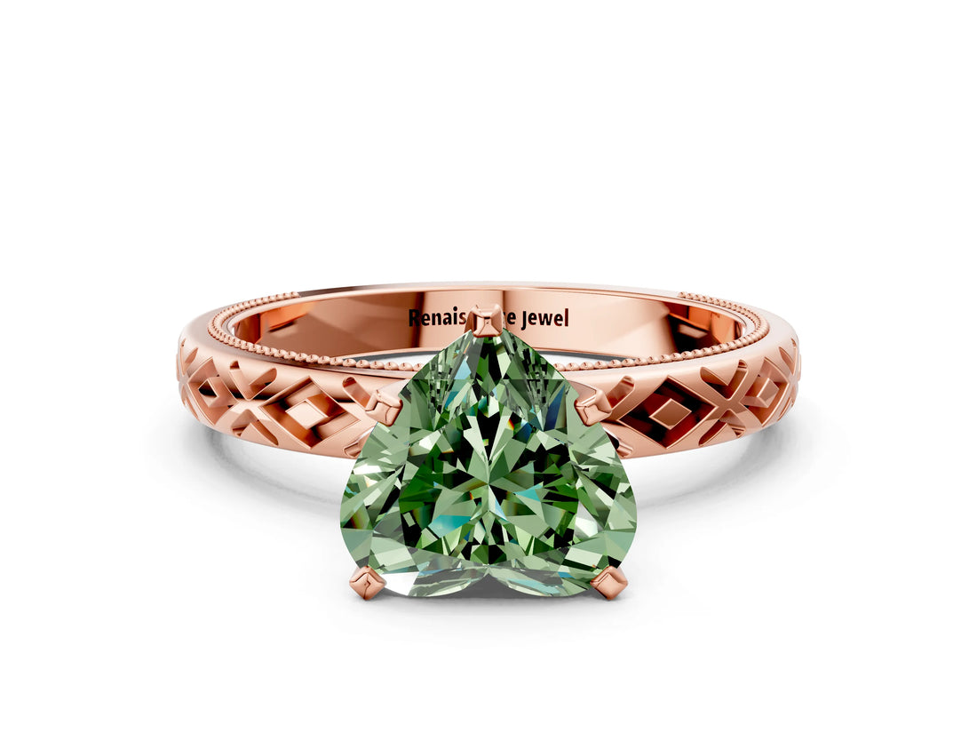 Rose gold Fancy Green Heart  Solitaire Diamond Ring with Milgrain and Black Enamel X Pattern Band_29