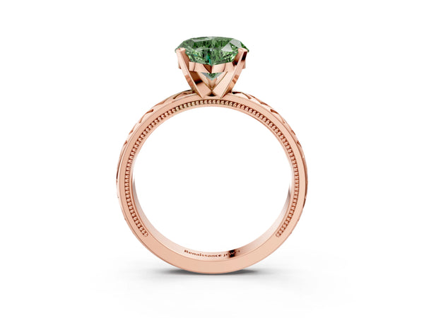 Rose gold Fancy Green Heart  Solitaire Diamond Ring with Milgrain and Black Enamel X Pattern Band
