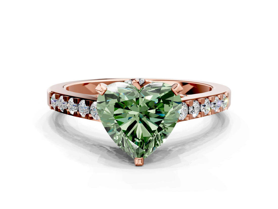Rose gold Fancy Green Heart  Solitaire Diamond Ring with Pavé Band and Four-Prong Setting