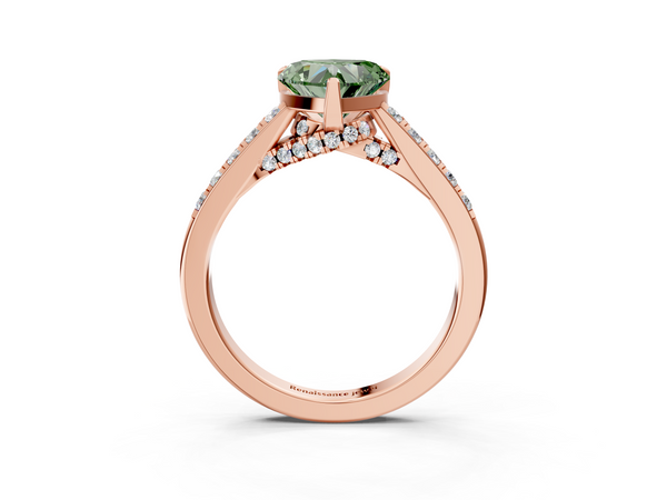 Rose gold Fancy Green Heart  Diamond Solitaire Ring with Pavé Band and Prong Setting