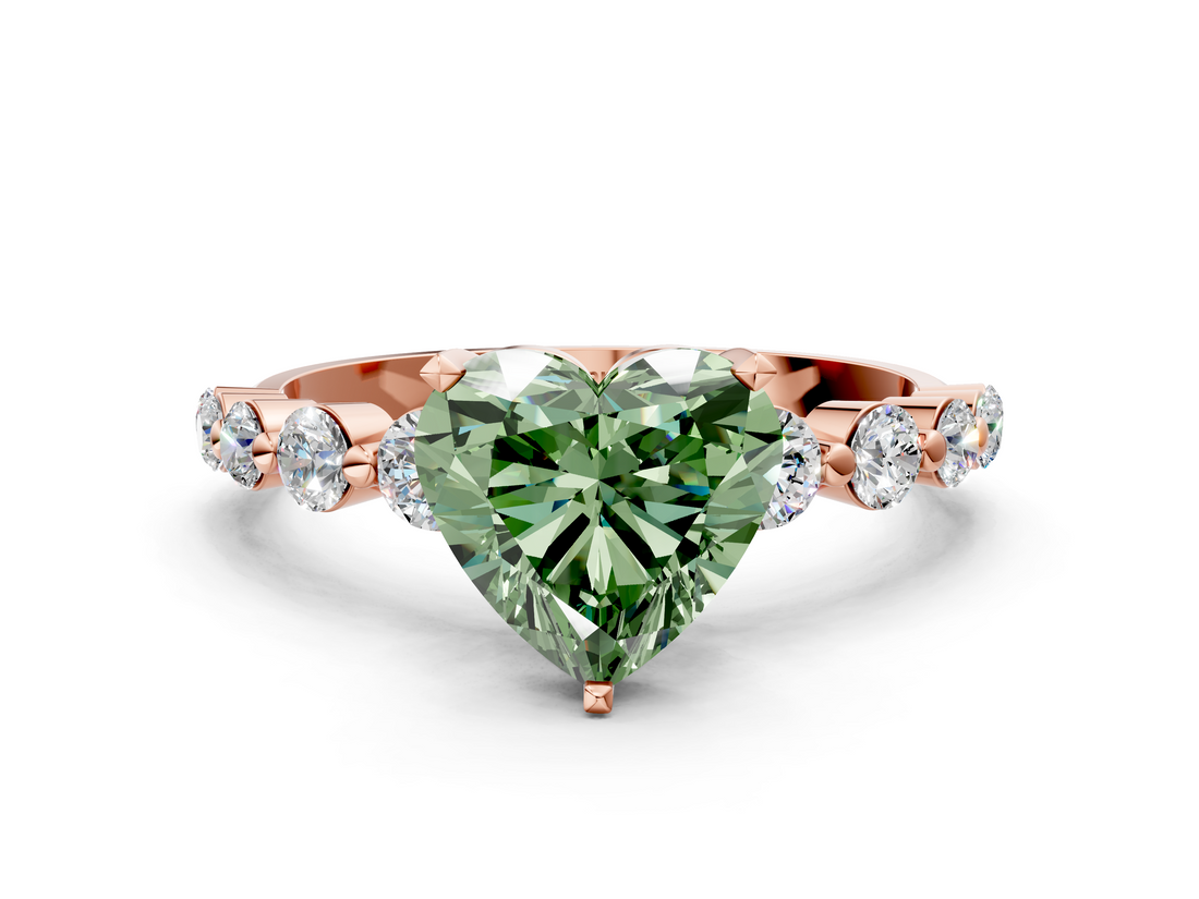 Rose gold Fancy Green Heart  Solitaire Diamond Ring with Pave Band and Four-Prong Setting