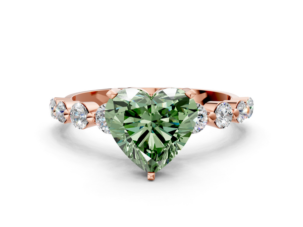Rose gold Fancy Green Heart Cut Solitaire Diamond Ring with Pave Band and Four-Prong Setting
