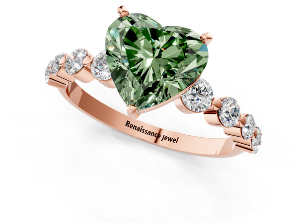 Rose gold Fancy Green Heart Cut Solitaire Diamond Ring with Pave Band and Four-Prong Setting