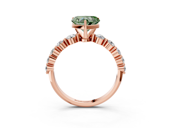 Rose gold Fancy Green Heart Cut Solitaire Diamond Ring with Pave Band and Four-Prong Setting