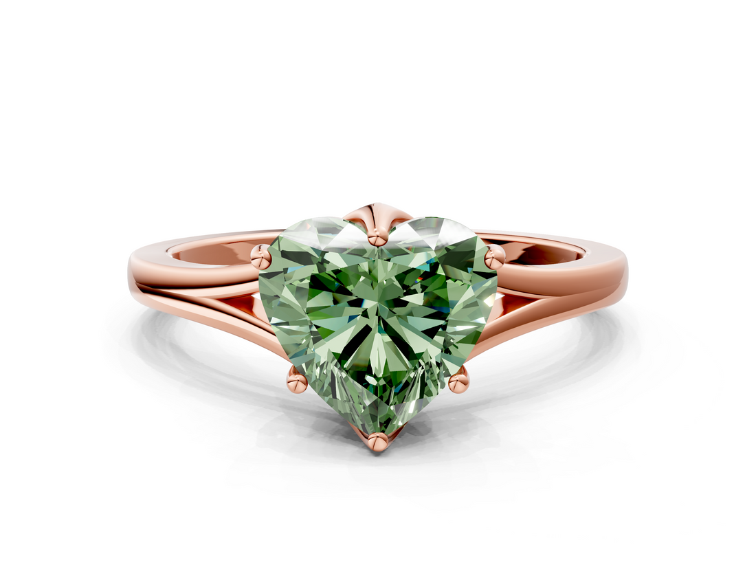 Rose gold Fancy Green Heart  Solitaire Diamond Ring with Six-Prong Setting and Tapered Band