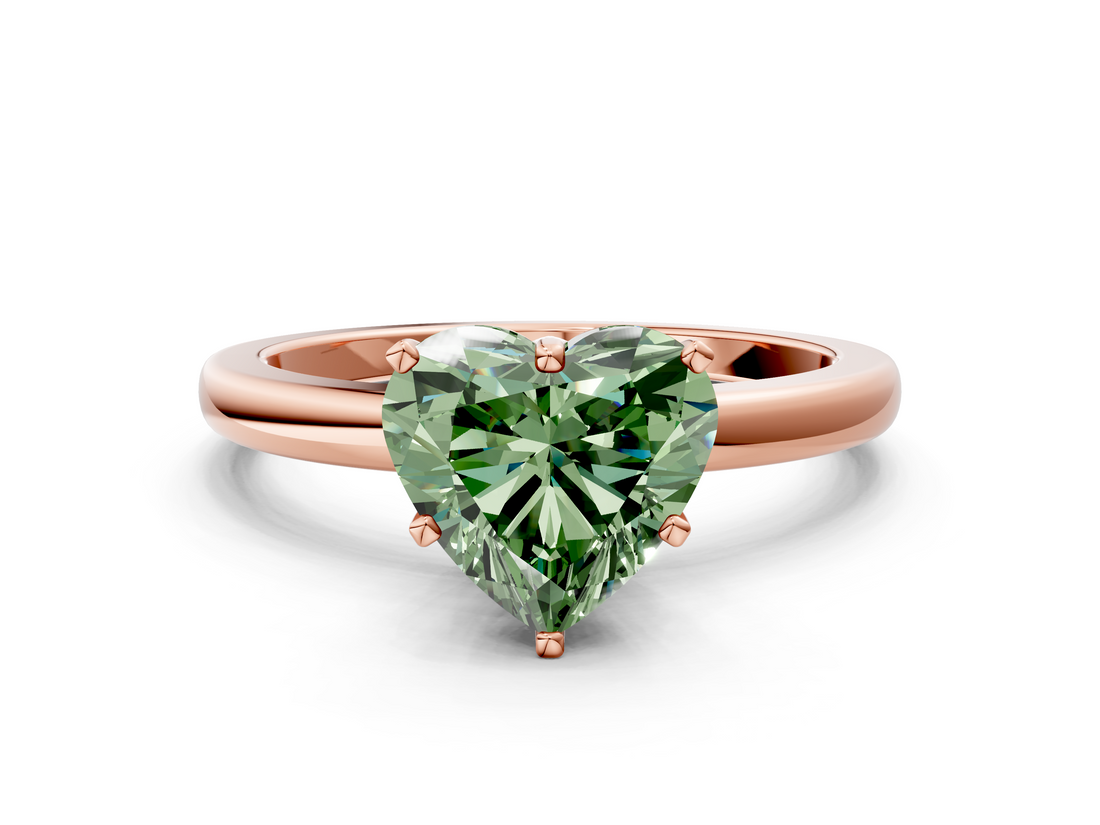Rose gold Fancy Green Heart  Solitaire Diamond Ring with Six-Prong Setting on a Classic Band