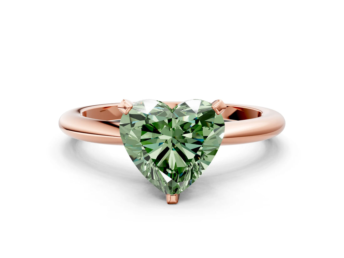 Rose gold Fancy Green Heart  Solitaire Diamond Ring with Six-Prong Setting on a Classic Band