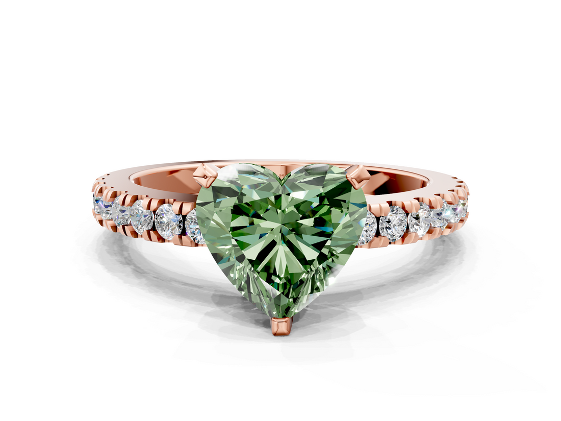 Rose gold Fancy Green Heart  Solitaire Diamond with Pavé Band and Four-Prong Setting