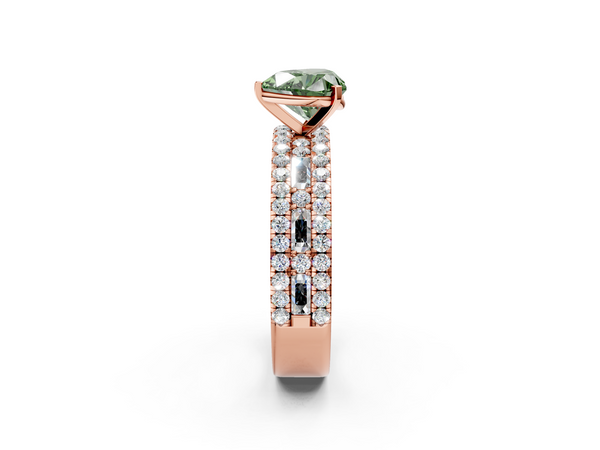 Rose gold Fancy Green Heart Cut Diamond Solitaire Ring with Pavé and Channel Set Band