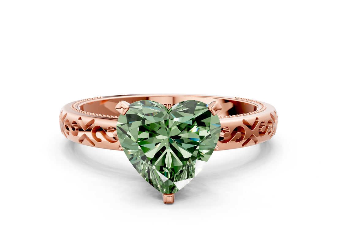 Rose gold Fancy Green Heart  Solitaire Engagement Ring with Scrollwork Band and Four-Prong Setting