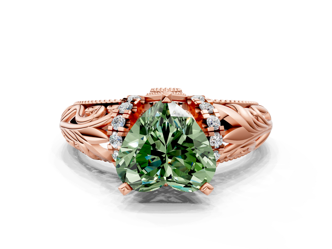 Rose gold Fancy Green Heart  Solitaire Filigree Engagement Ring with Halo and Prong Setting