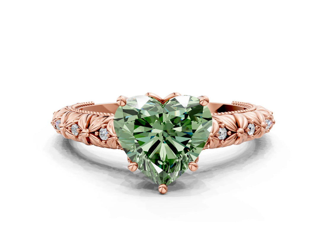 Rose gold Fancy Green Heart  Solitaire Floral Milgrain Engagement Ring_31
