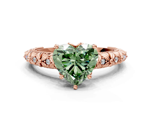Rose gold Fancy Green Heart  Solitaire Floral Milgrain Engagement Ring