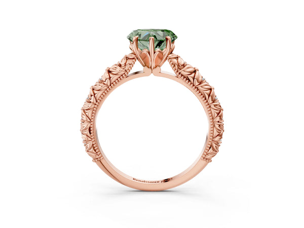 Rose gold Fancy Green Heart  Solitaire Floral Milgrain Engagement Ring