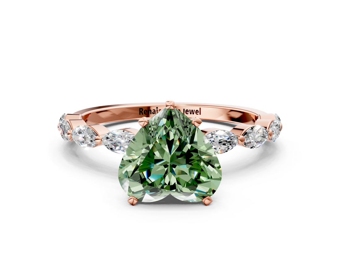 Rose gold Fancy Green Heart  Solitaire Marquise Side Stone Prong Setting Ring