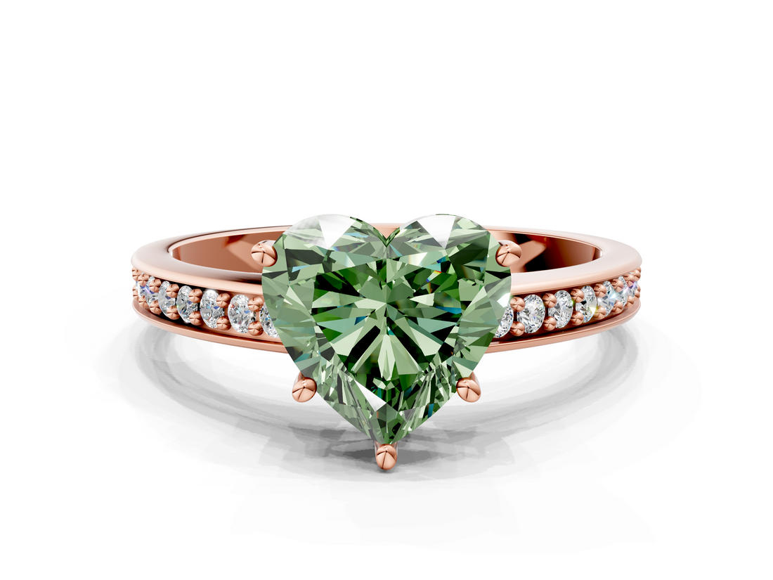 Rose gold Fancy Green Heart  Solitaire Pavé Band Prong Setting Ring