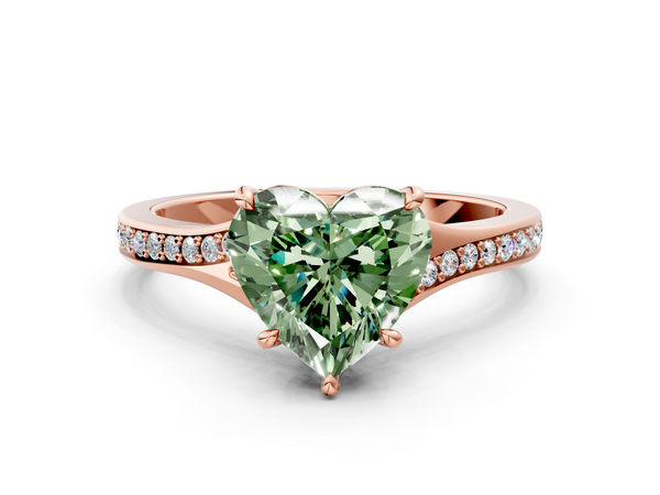Rose gold Fancy Green Heart Cut Diamond Solitaire Ring with Pavé Band and Prong Setting