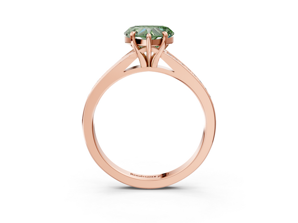 Rose gold Fancy Green Heart Cut Diamond Solitaire Ring with Pavé Band and Prong Setting